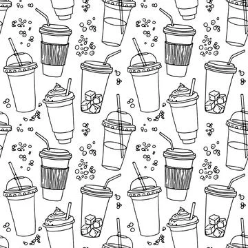 Hand drawn seamless pattern with coffee cups various shapes with drinking str Stock Illustration