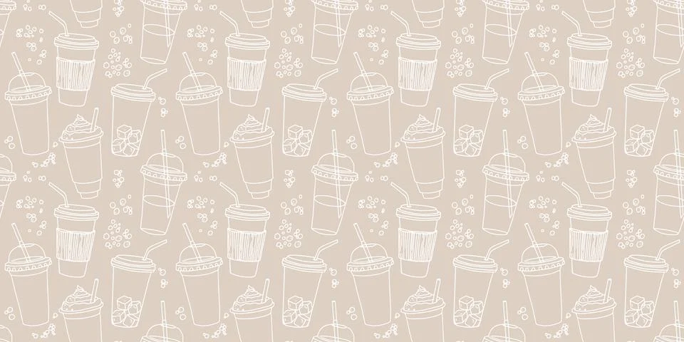 Hand drawn seamless pattern with coffee cups various shapes with drinking s.. Stock Illustration