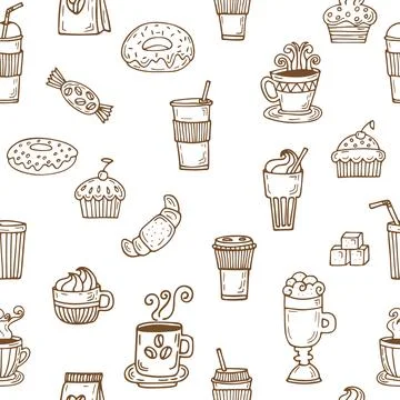 Hand drawn seamless pattern with coffee cups, coffee beans, cookies and cup.. イラスト素材