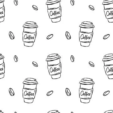 Hand-drawn seamless pattern with coffee cups, beans, and mugs Illustrazione stock