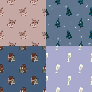 Hand drawn seamless pattern collection. Vector new year textures Stock Illustration