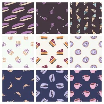 Hand drawn seamless pattern collection. Vector sweets textures Stock Illustration