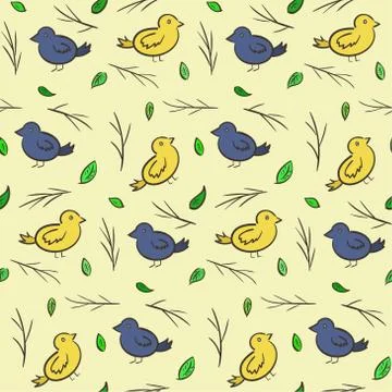 Hand drawn seamless pattern with colorful birds Stock Illustration