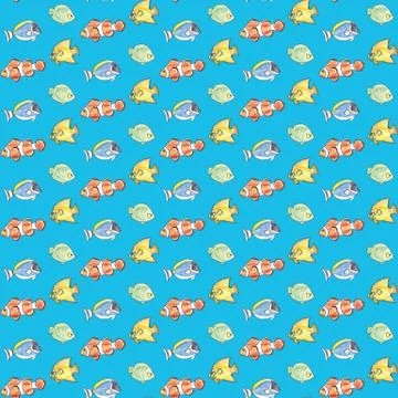Hand drawn seamless pattern with colorful fishes on a blue background. Stock Illustration