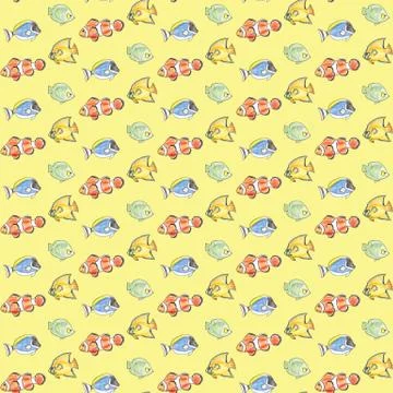 Hand drawn seamless pattern with colorful fishes on a blue background. Stock Illustration