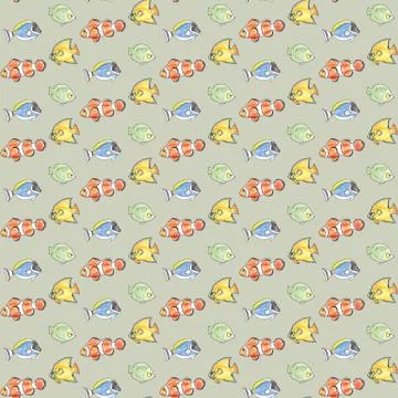 Hand drawn seamless pattern with colorful fishes on a gray background. Stock Illustration