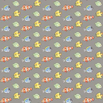 Hand drawn seamless pattern with colorful fishes on a gray background. Stock Illustration