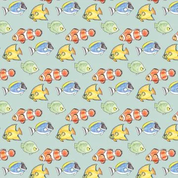 Hand drawn seamless pattern with colorful fishes on a gray background. Illustrazione stock