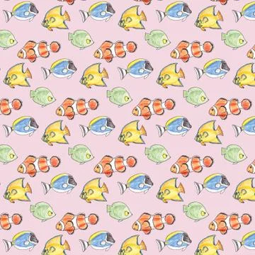 Hand drawn seamless pattern with colorful fishes on a pink background. Stock Illustration