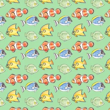 Hand drawn seamless pattern with colorful fishes on a green background. Stock Illustration