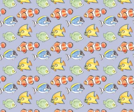 Hand drawn seamless pattern with colorful fishes on a blue background. Stock Illustration