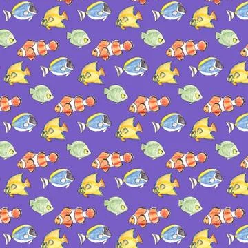 Hand drawn seamless pattern with colorful fishes on a blue background. Illustrazione stock