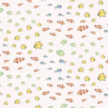 Hand drawn seamless pattern with colorful fishes on a white background. Stock Illustration