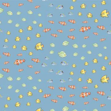 Hand drawn seamless pattern with colorful fishes on a blue background. Stock Illustration