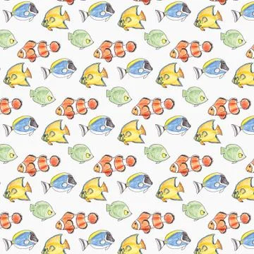 Hand drawn seamless pattern with colorful fishes on a white background. Stock Illustration