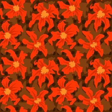 Hand drawn seamless pattern of colorful red orange brown flowers, summer spring Stock Illustration
