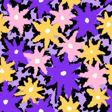 Hand drawn seamless pattern of colorful blue purple pink yellow flowers, summer Stock Illustration