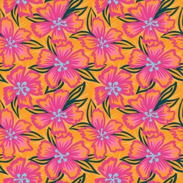 Hand drawn seamless pattern of colorful pink orange flowers, summer spring Stock Illustration