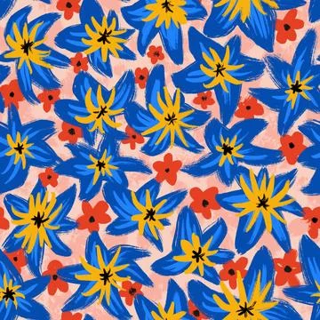 Hand drawn seamless pattern of colorful blue red yellow flowers, summer spring 스톡 일러스트