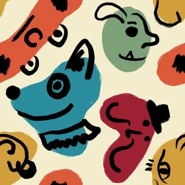Hand drawn seamless pattern with colorful orange blue red cute monsters on beige Stock Illustration