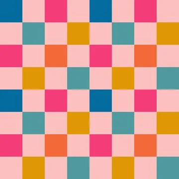 Hand drawn seamless pattern with colorful checks squares, pink blue yellow Stock Illustration
