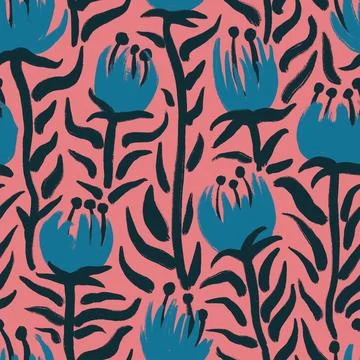 Hand drawn seamless pattern of colorful blue red flowers, summer tropical floral Stock Illustration