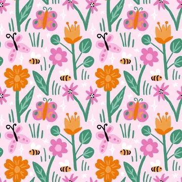 Hand drawn seamless pattern with colorful charcoal flowers bees butterflies Stock Illustration