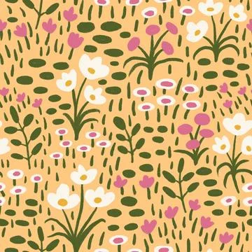 Hand drawn seamless pattern with colorful meadow flowers on yellow background Stock Illustration