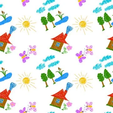Hand-Drawn Seamless Pattern with Cottage, Pond, Trees, and Butterflies Stock Illustration