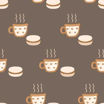 Hand drawn seamless pattern with cozy tea coffee cup and macaroons. Sweet tas Stock Illustration
