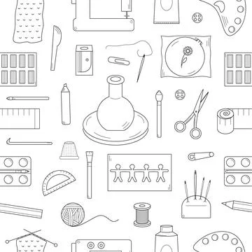 Hand drawn seamless pattern with crafting elements. Tools for sewing, modeling Illustrazione stock