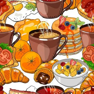 Hand drawn seamless pattern of croissants, coffee, berry and chocolate. Vecto Stock Illustration