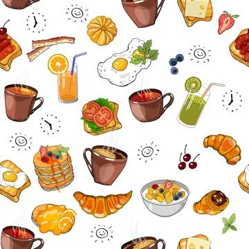 Hand drawn seamless pattern of croissants, berry and chocolate. Vector seamle Stock Illustration