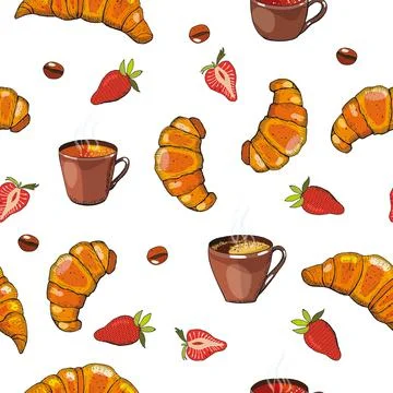 Hand drawn seamless pattern of croissants, berry and chocolate. Stock Illustration