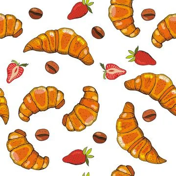 Hand drawn seamless pattern of croissants, berry and chocolate. Stock Illustration