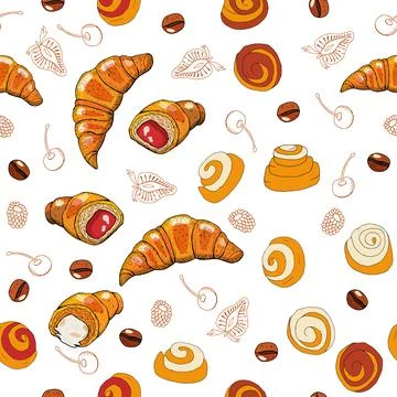 Hand drawn seamless pattern of croissants, berry and chocolate. Vector seamle Stock Illustration