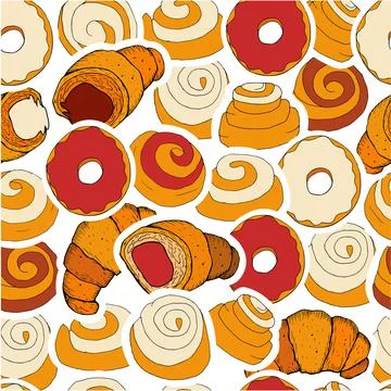 Hand drawn seamless pattern of croissants, berry and chocolate. Stock Illustration