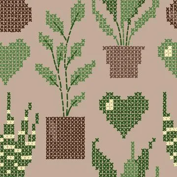 Hand drawn seamless pattern with cross stitch houseplants inpots, ficus snake 스톡 일러스트