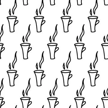 Hand drawn seamless pattern with cup of coffee, chocolate, cocoa, americano or Stock Illustration
