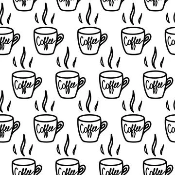 Hand drawn seamless pattern with cup of coffee, chocolate, cocoa, americano or Stock Illustration