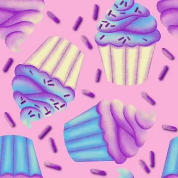 Hand drawn seamless pattern with cupcake pastry bakery baking food. Pastel blue Stock Illustration