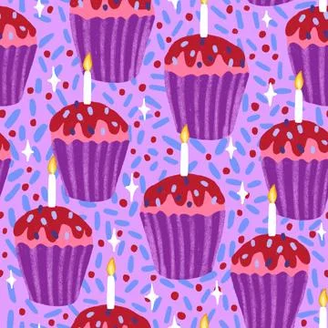 Hand drawn seamless pattern with cupcake pastry bakery baking food. Pastel blue 스톡 일러스트