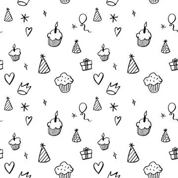 Hand drawn seamless pattern with cupcakes, balloons, gift boxes etc Stock Illustration
