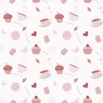 Hand drawn seamless pattern with cupcakes, macaroons and teacups Illustrazione stock