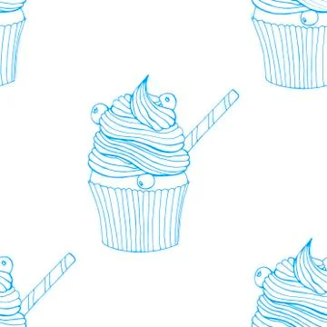 Hand drawn seamless pattern cupcakes with berries and straw. Vector illustrat Stock Illustration