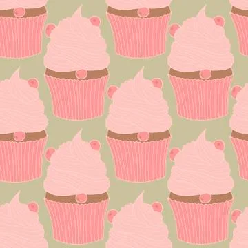 Hand drawn seamless pattern cupcakes with berries. Vector illustration. Stock Illustration