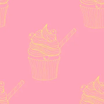 Hand drawn seamless pattern cupcakes with berries and straw. Vector illustrat Stock Illustration