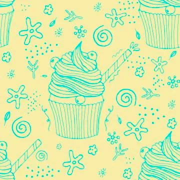 Hand drawn seamless pattern cupcakes with berries, straw and in various cute  Stock Illustration