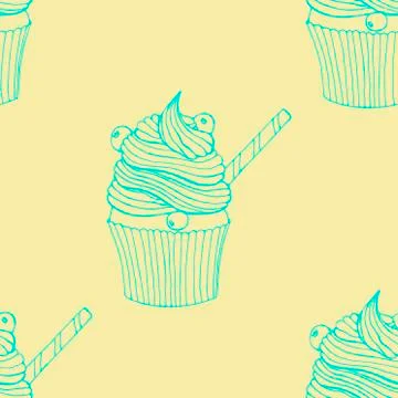 Hand drawn seamless pattern cupcakes with berries and straw. Vector illustrat Stock Illustration