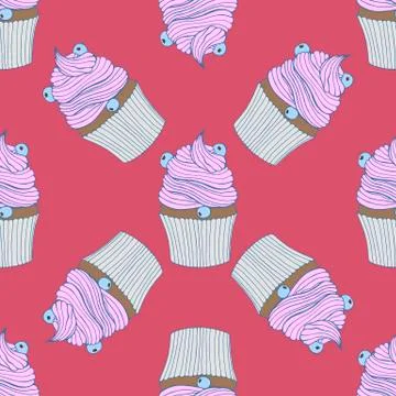 Hand drawn seamless pattern cupcakes with berries. Stock Illustration